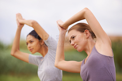 Buy stock photo Woman, friends and yoga in nature for spiritual wellness, health or outdoor exercise. Face of female person or yogi meditating in relax, pilates or namaste for zen, balance or calm in workout