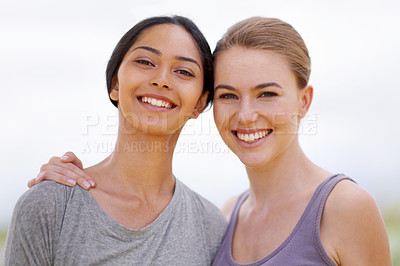Buy stock photo Happy woman, portrait and friends with hug for fitness, workout or outdoor exercise together in nature. Face of female person or team with smile for friendship or wellbeing in health and wellness