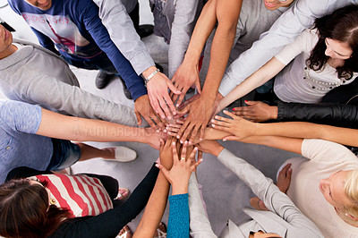 Buy stock photo Hands together, team and top view of people in circle for mission, support with solidarity and respect. Trust, help and loyalty with collaboration, meeting at startup with cooperation and inclusion