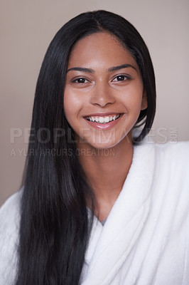 Buy stock photo Studio shot of a beautiful young woman in a bathroom