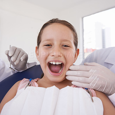 Buy stock photo Child, mouth and portrait for dentist consultation for teeth examination for healthy oral care, whitening or cleaning. Female person, girl and face with hands for hygiene checkup, wellness or gums