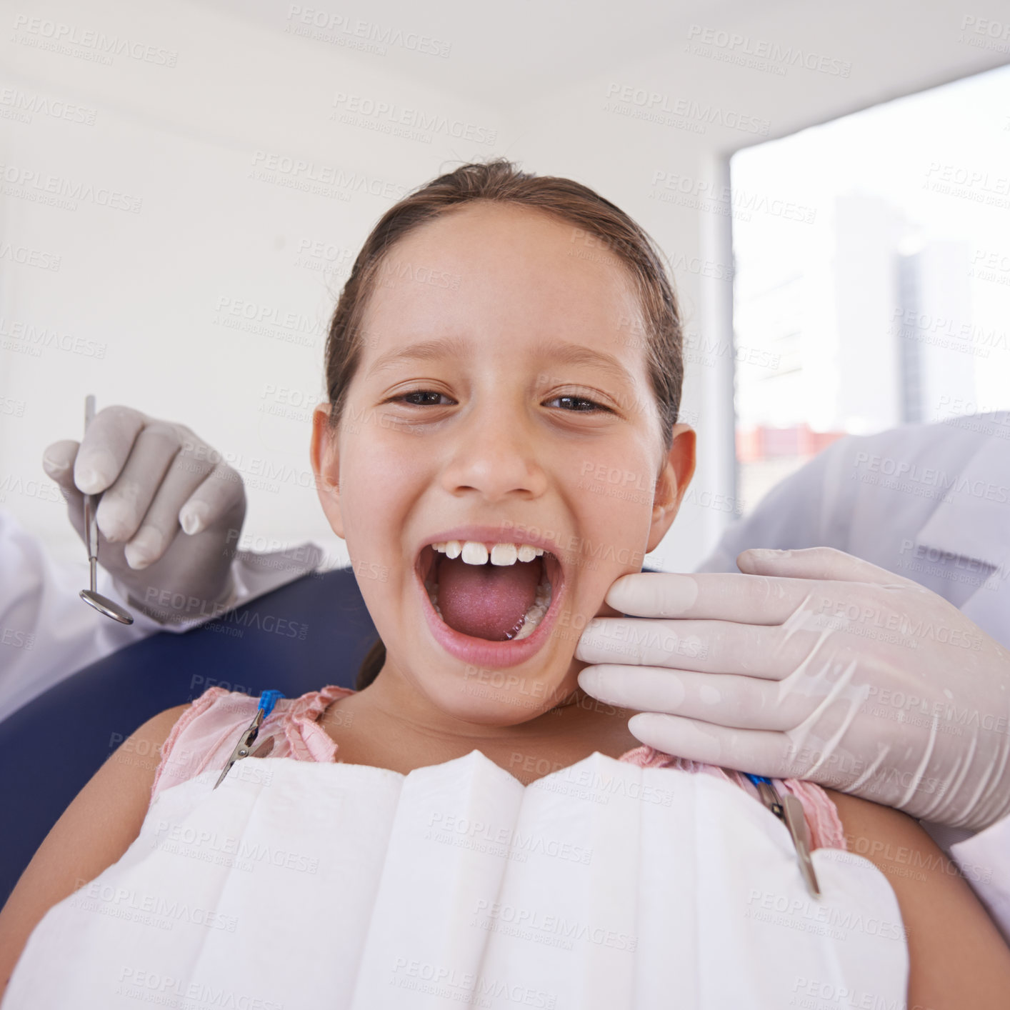 Buy stock photo Child, mouth and portrait for dentist consultation for teeth examination for healthy oral care, whitening or cleaning. Female person, girl and face with hands for hygiene checkup, wellness or gums
