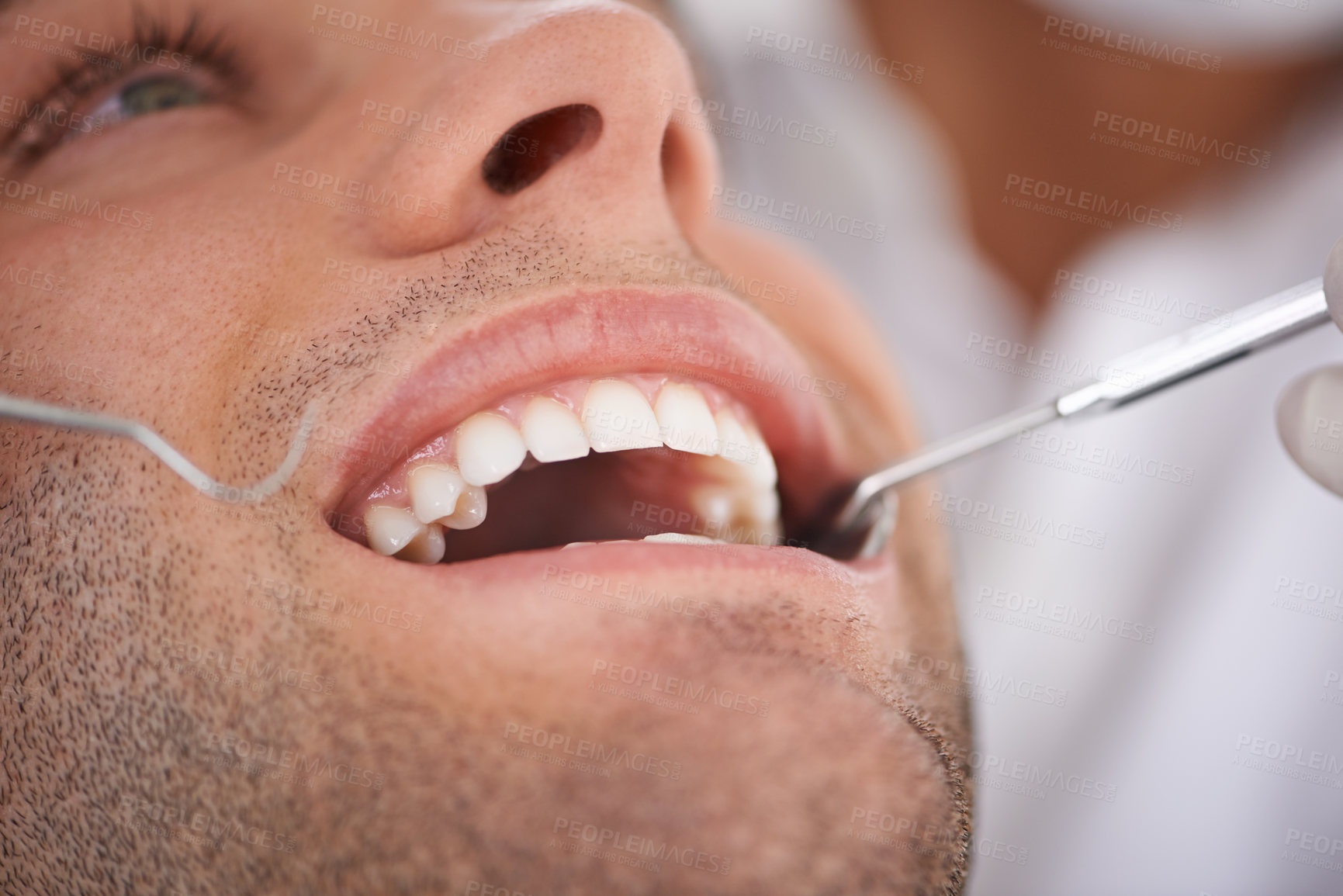 Buy stock photo Closeup, man and dentist with tools in mouth for gum disease and oral hygiene with dental inspection. Medical, orthodontics and consultation for teeth health, cleaning and wellness with instrument