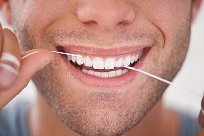 Buy stock photo Dental, floss and closeup of man with teeth whitening, fresh breathe and cavity prevention for health and hygiene. Oral care, string or thread for orthodontics with veneers and mouth cleaning