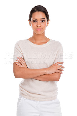 Buy stock photo Portrait, fashion and serious woman with arms crossed in studio with confidence, attitude or style on white background. Clothes, pride or female model posing in trendy, cool or neutral outfit choice