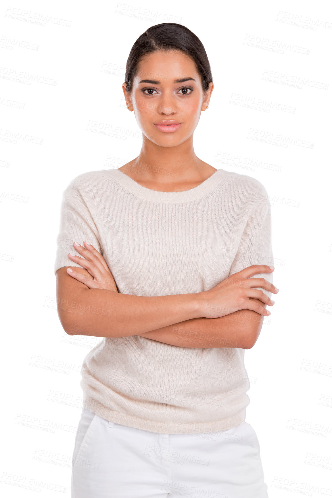 Buy stock photo Portrait, fashion and serious woman with arms crossed in studio with confidence, attitude or style on white background. Clothes, pride or female model posing in trendy, cool or neutral outfit choice