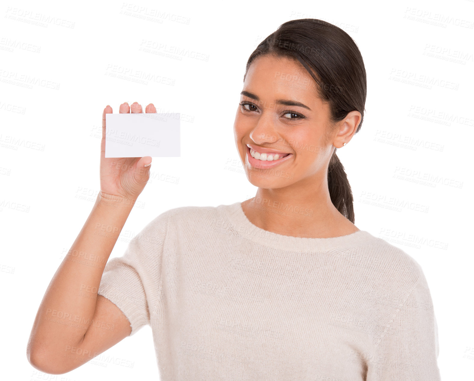 Buy stock photo Business card, mockup and portrait of happy woman in studio with information on white background. Paper, face and female model with space for contact us, details or poster for startup advertising