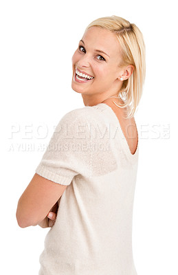 Buy stock photo Fashion, happy woman and portrait with arms crossed in studio for confidence or positive attitude on white background. Face, smile and female model with pride pose for style, clothes or outfit choice