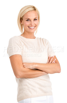 Buy stock photo Business, fashion and portrait of happy woman with arms crossed in studio for confidence on white background. Face, smile and female entrepreneur with style, clothes or pride for cool outfit choice