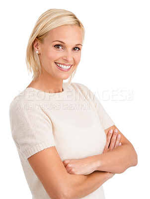 Buy stock photo Fashion, portrait and happy woman with arms crossed in studio for confidence or positive attitude on white background. Face, smile and female model with pride pose for style, clothes or outfit choice