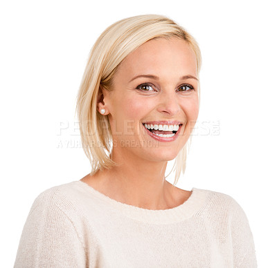 Buy stock photo Beauty, woman and studio portrait of confident person with dental smile. Happy female model and glowing skin, laughing and natural face isolated on white background for oral care and teeth whitening