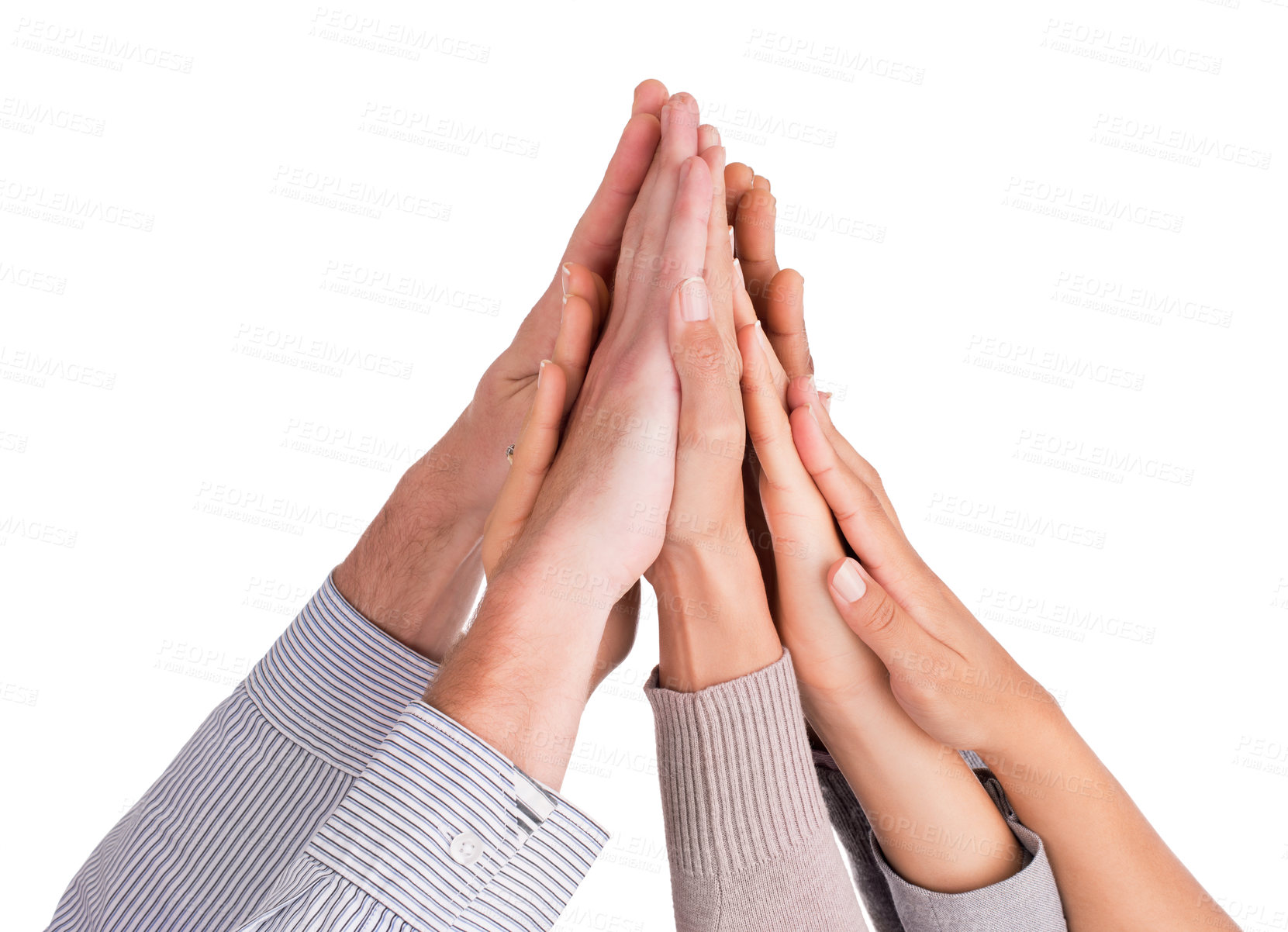 Buy stock photo Hands together, business people and high five with success, support and motivation isolated on white background. Team building, celebration and winning with trust, community and solidarity in studio