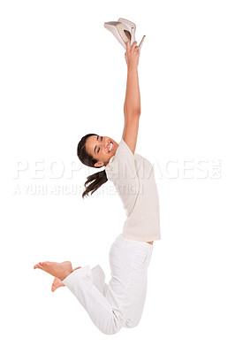Buy stock photo Fashion, jump and portrait of happy woman in studio with news, sale or shoes discount on white background. Wow, energy or female model with deal celebration, success or retail, shopping or mall promo