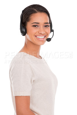 Buy stock photo Portrait, call center and woman consulting in studio for contact us, crm or customer support on white background. Telemarketing, faq and face of female consultant with loan advice, help or assistance