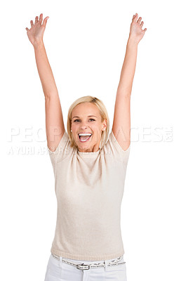 Buy stock photo Happy, portrait and woman with arms up celebration in studio for fashion, sale or promo on white background. Excited, face and female model with wow hands for clothing discount, giveaway or offer 