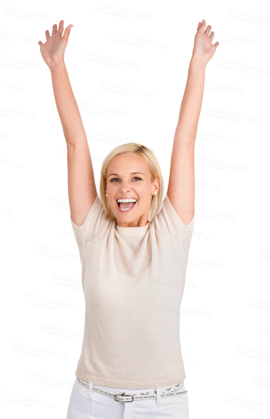 Buy stock photo Happy, portrait and woman with arms up celebration in studio for fashion, sale or promo on white background. Excited, face and female model with wow hands for clothing discount, giveaway or offer 
