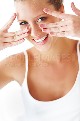Buy stock photo Portrait, beauty and manicure hands with woman in studio isolated on white background for cosmetic treatment. Face, smile and makeup with happy young model showing fingers at spa for cosmetology