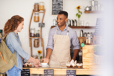 Buy stock photo Coffee shop, customer and waiter talking about service, hospitality or smile of a man. Happy woman buying tea at a restaurant, cafe or cafeteria of small business with barista, cashier or manager