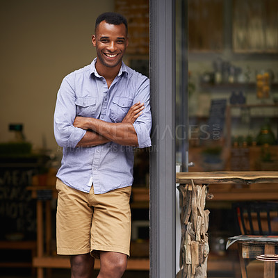 Buy stock photo Portrait, coffee shop and black man as small business owner at front door with a smile. Entrepreneur person as barista, manager or waiter in restaurant for service, career pride and startup goals