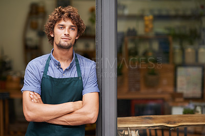 Buy stock photo Door, arms crossed and thinking with man at cafe restaurant for small business, coffee shop or waiter. Entrepreneur, open and retail with male barista at restaurant for diner, store and food industry