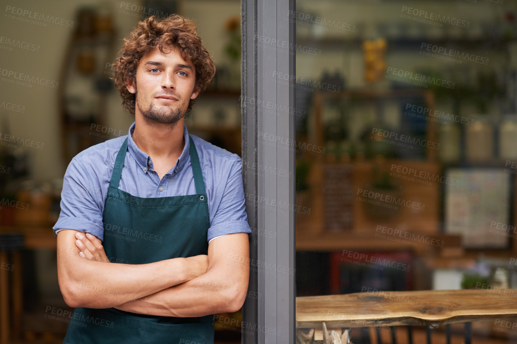 Buy stock photo Door, arms crossed and thinking with man at cafe restaurant for small business, coffee shop or waiter. Entrepreneur, open and retail with male barista at restaurant for diner, store and food industry