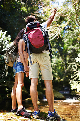 Buy stock photo Couple, backpack and pointing with direction by lake, river or water for hiking, adventure or journey in nature. Rear view of young man and woman holding hands with bag for trekking by pond in forest