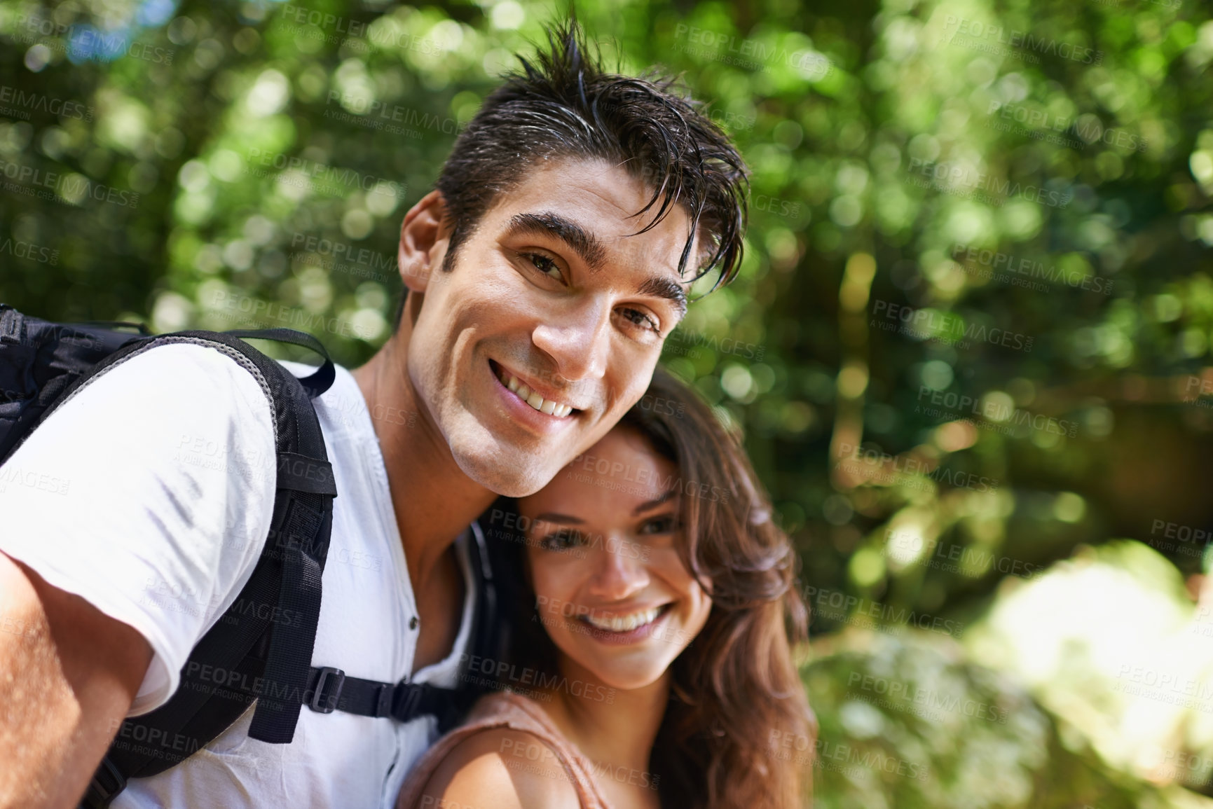Buy stock photo Nature, hug and portrait of couple hiking for adventure, freedom and explore outdoors for exercise. Forest, travel and happy man and woman on mountain for holiday, vacation and trekking for wellness
