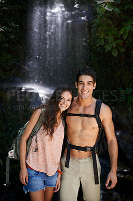 Buy stock photo Hiking, waterfall or portrait of happy couple in nature for journey on outdoor trekking adventure. Man, woman or people on holiday vacation to relax in shade or woods for exercise, travel or wellness