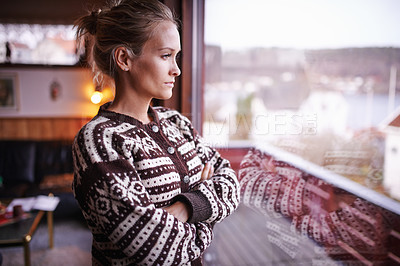 Buy stock photo Confident, woman or window with vision for thinking, planning or ideas for future in Stockholm. Thoughtful, female person and arms crossed for contemplation of questions, solutions and problems
