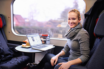 Buy stock photo Woman, travel and laptop on train with smile for business trip, work and journey in France. Female person, online and commute with public transport as tourist for conference and happy to network.