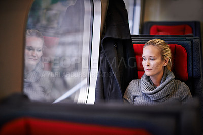 Buy stock photo Woman, travel and thinking on train for vacation with adventure, trip and leisure for journey in France. Female person, commute and holiday on public transport as tourist for break and destination