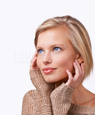 Buy stock photo Studio, woman and skincare with sweater, vision and smile with happiness and satisfaction. Model, jersey and fashion for winter, care and treatment with comfort clothes or cardigan with style