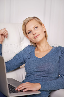 Buy stock photo Smile, laptop and portrait of woman on sofa typing online email or writing blog on internet. Happy, technology and female freelancer working on research for creative project with computer at home.