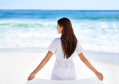 Buy stock photo Beach, thinking and woman on holiday with waves, adventure or sunshine in Greece from back. Summer, relax and blue sky with girl at ocean with wellness, tropical travel and outdoor vacation in nature