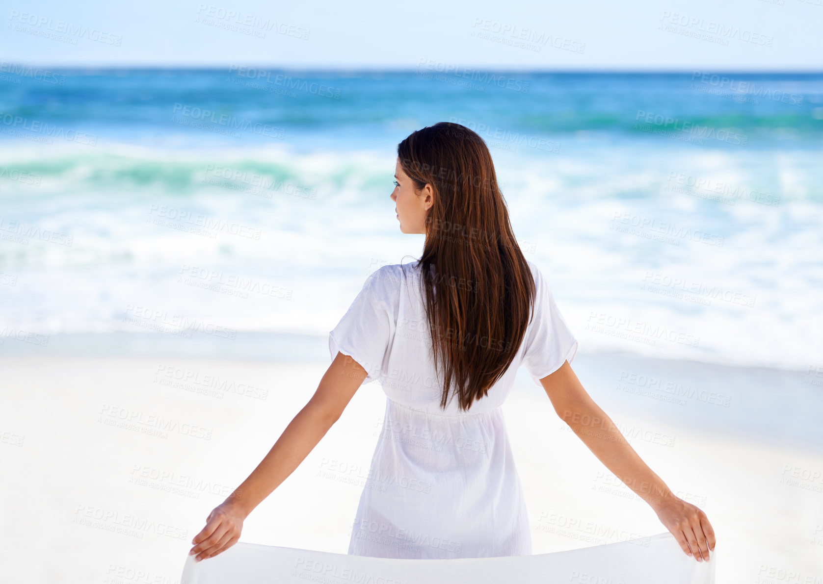 Buy stock photo Beach, thinking and woman on holiday with waves, adventure or sunshine in Greece from back. Summer, relax and blue sky with girl at ocean with wellness, tropical travel and outdoor vacation in nature