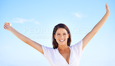 Buy stock photo Blue sky, portrait and woman on holiday with freedom, happy adventure and sunshine in Greece. Summer, smile and face of girl stretching arms for energy, wellness and outdoor travel vacation in nature