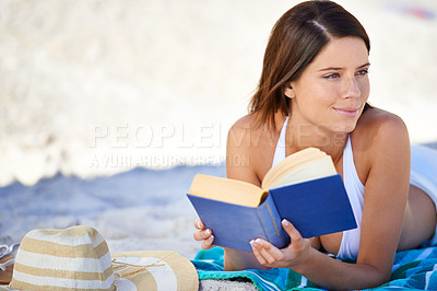 Buy stock photo Thinking, beach and woman reading a book, summer and weekend break with travelling and holiday. Person, seaside or girl with literature or hobby with vacation or relax with novel or story with nature