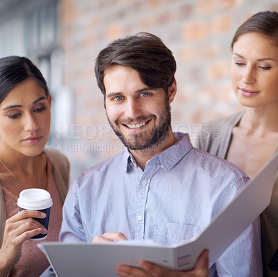 Buy stock photo Portfolio, teamwork or portrait of employees in office for planning, partnership or conversation. Man, women or people in meeting for business, collaboration and speaking of file or reading folder