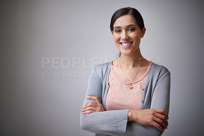 Buy stock photo Space, designer or portrait of happy woman in studio with arms crossed, business or confidence. Creative, employee or proud entrepreneur with startup, project or mockup isolated on grey background