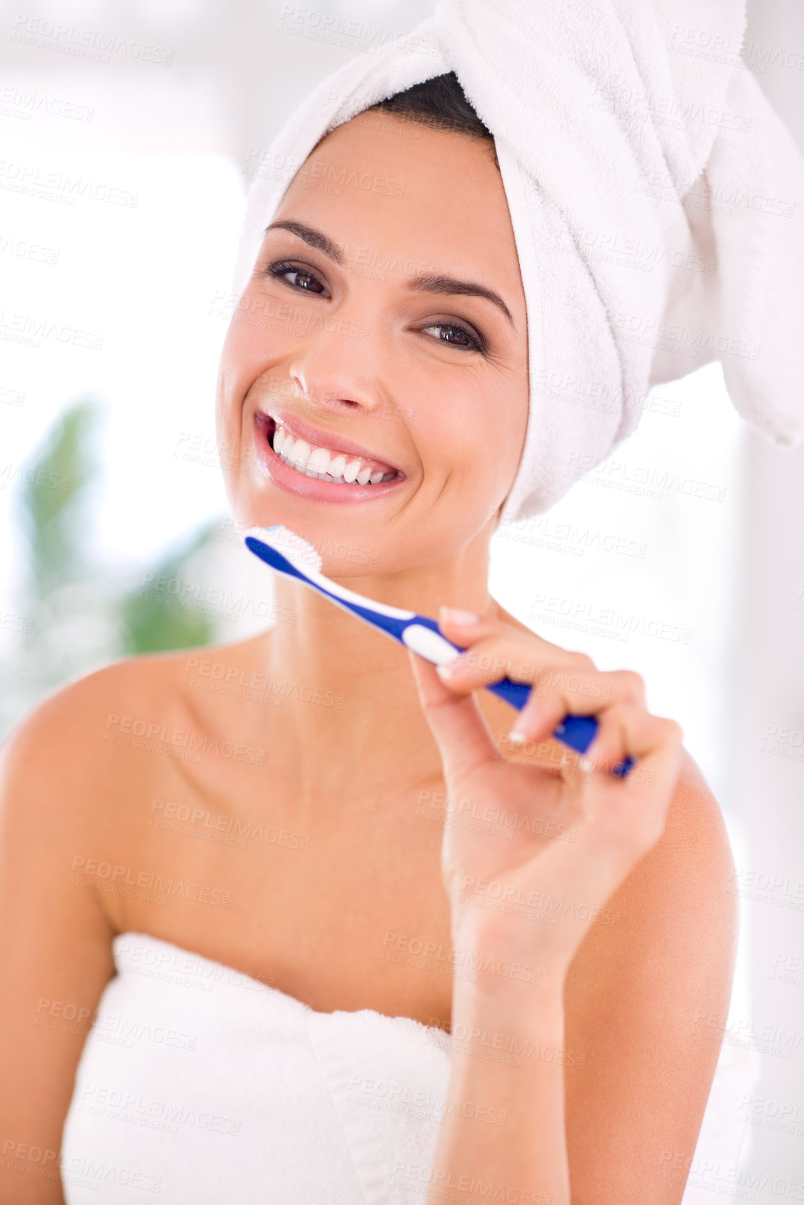 Buy stock photo Portrait, woman and toothbrush with smile for whitening, dental health and oral hygiene at home. Happy, female person and mouth for healthy, teeth and fresh breath with brushing and cleaning