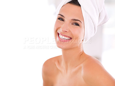 Buy stock photo Happy woman, portrait and spa in skincare, beauty or facial treatment for hygiene at home. Face of female person or model with smile in satisfaction for cosmetology or dermatology on mockup space