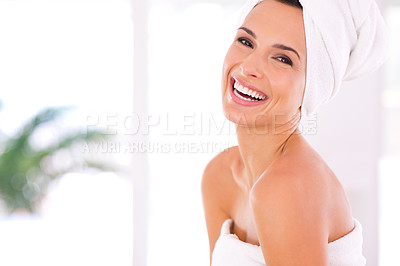 Buy stock photo Happy woman, portrait and laughing with beauty in skincare, spa or facial treatment for hygiene at home. Face of young female person or model with smile in satisfaction for dermatology or cosmetology