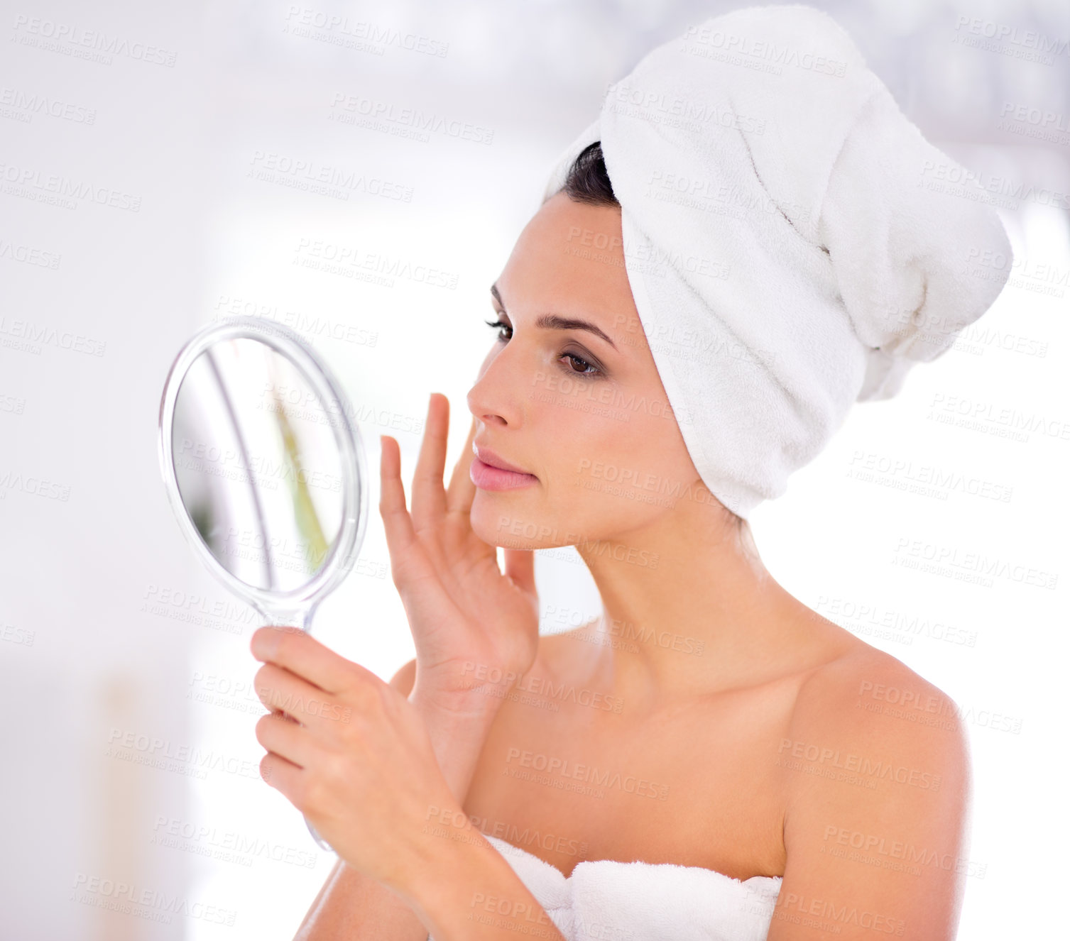 Buy stock photo Woman, mirror and skincare with beauty for hygiene, facial treatment or anti aging moisturizer at home. Young female person or model touching skin with reflection for spa, dermatology or cosmetology