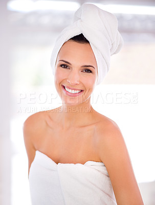 Buy stock photo Smile, towel and portrait of woman with hygiene for skincare, health and shower in bathroom. Beauty, treatment and female person with happiness for dermatology, cosmetics and morning routine
