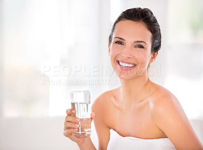 Buy stock photo House, happy woman or skincare portrait for drinking water in morning routine for hydration in living room. Beauty, healthy female person or smile with cosmetic for natural glow, detox and confidence