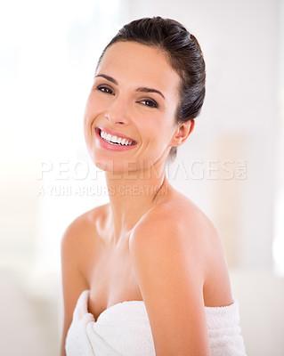 Buy stock photo Cosmetics, beauty and portrait of woman in home with smile, relax and luxury skin treatment. Dermatology, skincare and face of confident girl in apartment with natural makeup, wellness or happy glow