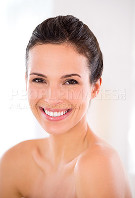 Buy stock photo Skincare, portrait and happy woman with beauty in home with shine, smile and luxury skin treatment. Dermatology, relax or face of person in apartment with natural makeup cosmetics, wellness or glow
