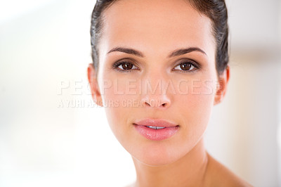 Buy stock photo Skincare, clean or portrait of woman with beauty in home with shine or cosmetology skin treatment. Dermatology, relax or face of person in apartment with natural makeup cosmetics, wellness or glow
