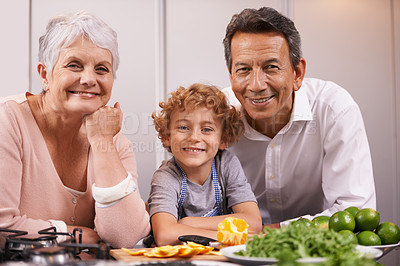 Buy stock photo Portrait happy boy or grandparents teaching cooking skills for dinner with vegetables diet in family home. Learning, child helping or grandmother with old man, kid or healthy food meal in kitchen