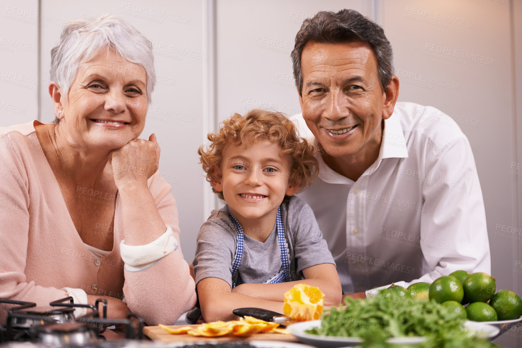 Buy stock photo Portrait happy boy or grandparents teaching cooking skills for dinner with vegetables diet in family home. Learning, child helping or grandmother with old man, kid or healthy food meal in kitchen